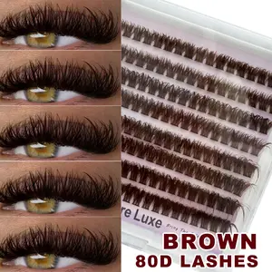 160pcs DIY Brown Fluffy 80D Puff Lash Clusters D Curl Colorful Wispy Thick Volume Individual Eyelashes Extension Makeup Single Soft Fans Eyelashes At Home Travel Daily Makeup