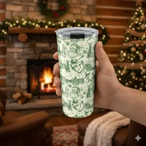 Green Christmas Toile Tumbler 20oz - Holiday Travel Mug, Reusable Coffee Cup, Santa and Forest Design, Perfect Gift for Winter [...]