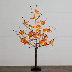 3' Pre-Lit Autumn Maple Artificial Fall Tree with Berries and 36 Warm White LED Lights
