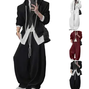 INCERUN Men's All Season Black Oversized Drawstring Hooded Jacket and Balloon Trousers Set Occasion Trend Street Style Daily Casual Dance Avant-Garde Fashion