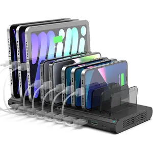 USB  Station,  120W 10 Port Phone Tablet  Station for Multiple Devices with Type C/2 QC 3.0 Port for iPad//Galaxy/Kindle/Fire, Devices Organizer, UL Certified, Black