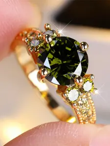 Luxurious Synthetic crystal green olive stone round stone ring for women, retro gold wedding dress, wedding veil, bridal jewelry, engagement gift, Elegant Engagement Ring, Artificial crystal ring