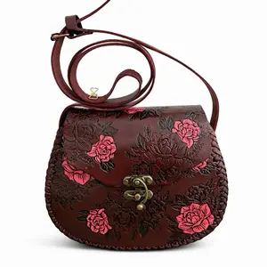 Handmade Tooled Leather Crossbody Purse Western Genuine Leather Rose Design Handbag Floral Artisan Crossbody Bag with Vintage Brass Clasp and Braided Edges