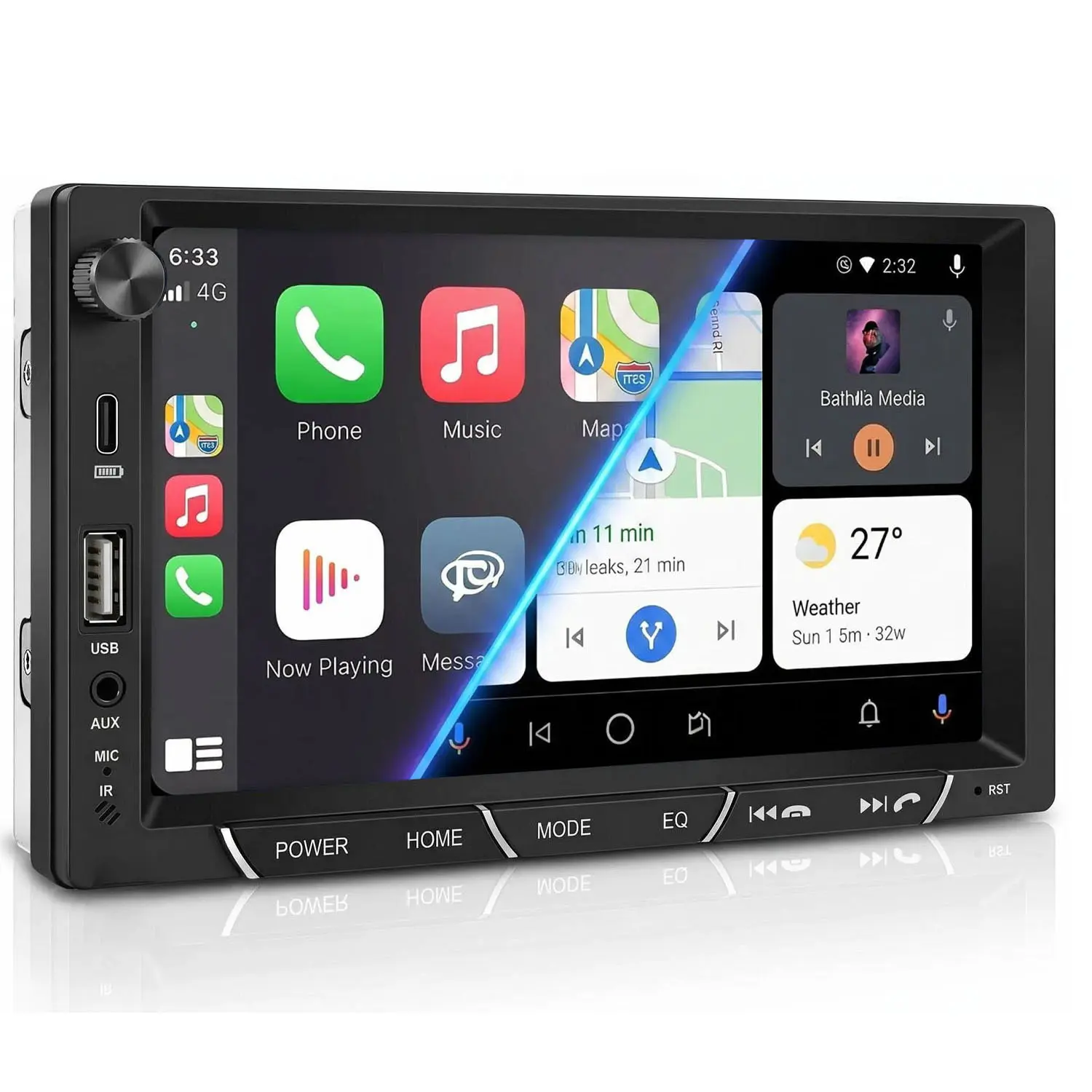 Double Din Car Radio 7" Headunit Stereo Wired/Wireless Carplay Android Auto, Bluetooth/AUX/USB C/FM