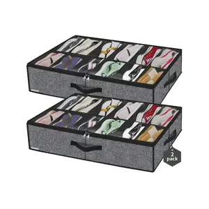 A2 Pack Sturdy Under Bed Shoe Storage Organizers, Fit Total 24 Pairs, Large Underbed Closet Shoes Box Container Bag With Clear Cover, Breathable, 29.3x23.6x5.9 Inches