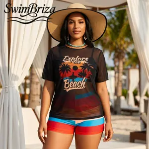 Briza｜Women's Plus Size Tankini Swimsuits Set Sheer Mesh Swim Shirt with Black Colorblock Shorts 2 Piece Bathing Suit Beachwear Summer Pool Vacation Swimwear, Women's Swimwear, Bathing Suit for Women, Tankini Swimsuit Set, Two Piece Bathing Suit