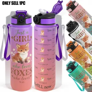 1pc,32oz Water Bottle Cute Fox Graphic Design Durable  Leak-Proof 1000ml Time Marker Water Bottle - Shatter-Resistant for Sports, Fitness, Hiking & Outdoor Travel - Large Capacity, Ideal Gift