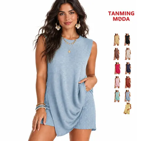 TanmingModa Women's 2-Piece Summer Acrylic Knit Set - High-Waisted Flat Quick-Dry Shorts, Sleeveless Crew Neck Tunic Pullover Top, Breathable Ribbed Knitwear for Coastal Grandma Boat Vacation