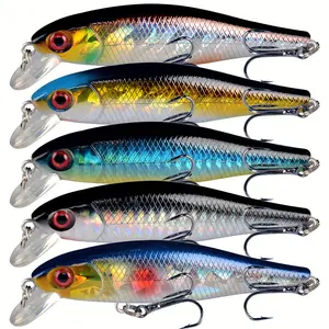 5pcs 8.5cm/9g Artificial Floating Minnow Fishing Lures, 3.35in/0.32oz Bionic Rattling Hard Wobbler Bait, Fishing Tackle For Pike Bass