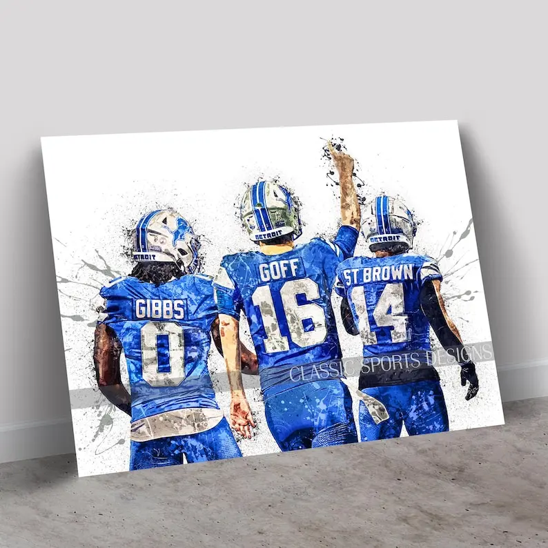 Jared Goff Poster, Amon-Ra St. Brown, Jahmyr Gibbs  Big Three, Decor Wall Poster Print Unframed, Man Cave Gift