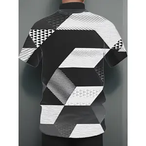 Men'S 3D Abstract Geometric Print T-Shirt, Black And White Irregular Polygon Mosaic Pattern, Hatching And Grid Texture Design, Lightweight Polyester Crew Neck Short Sleeve Tee for Daily Casual Wear S-3XL