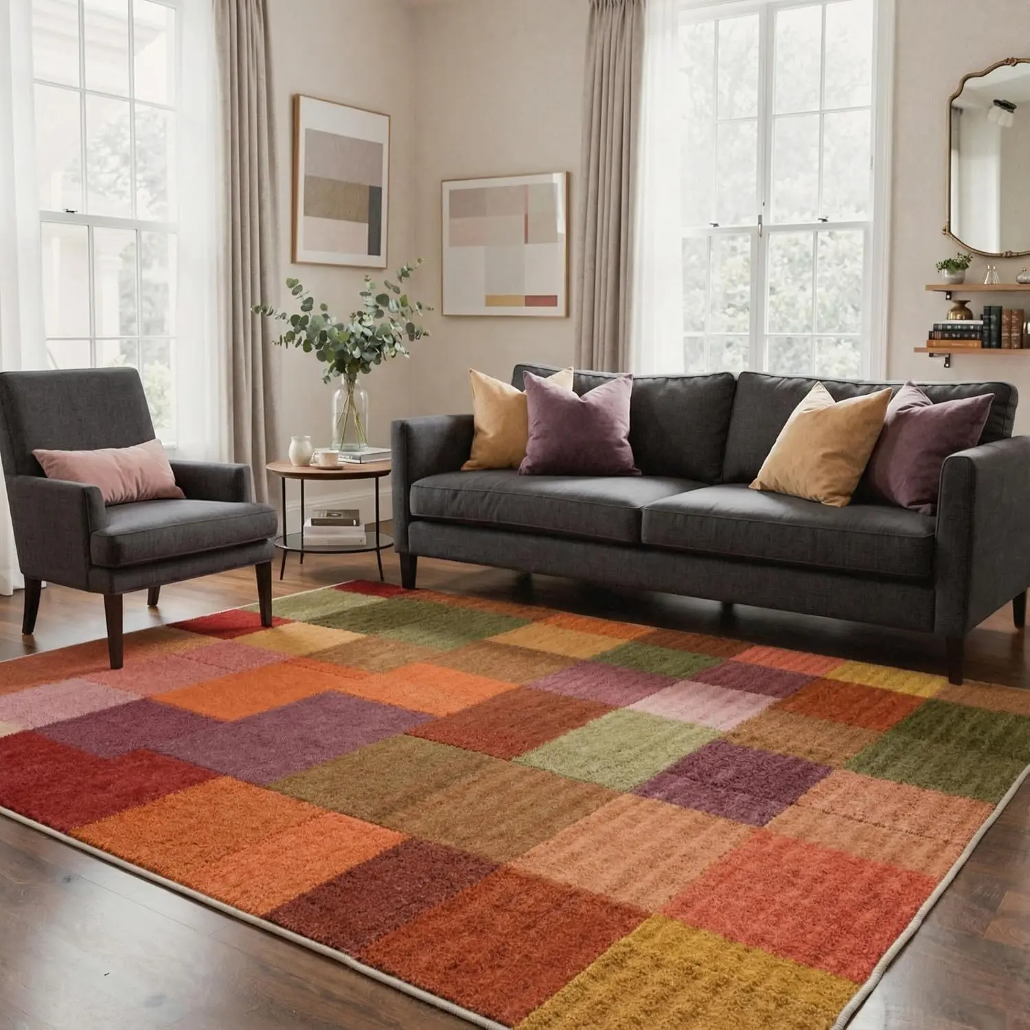 【Deals For You Days】GENIMO Area Rugs Checkered Print Pattern with Non Slip Backing, Low Pile Lightweight Washable Rug for Living Room, Bedroom, Dining Room, Indoor Floor Covering in Autumn Hues