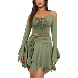Women 2pcs Skirt Set Fairy Off Shoulder Rave Ruffled Outfits Y2K Fairycore Corset Club Festival Dress Fairy Skirt Set Off Shoulder Spaghetti Strap Flowy Dress Long Sleeve Ruffled Skirt Rregular Casual Dress Spaghetti Straps Fairy Skirt Wing