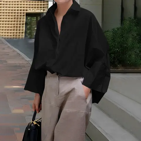 UOOZEE Women's Minimalist Oversized Collared Lapel Blouse - Soft Cotton-Polyester Blend, Baggy Loose Fit, Solid Multi-Color, Modest Simple Style, Business Casual Tops, Everyday Tops for Office, Layering with Jeans