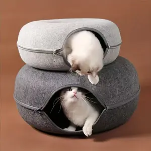 Donut Tunnel Pet Bed Cat Tunnel Bed Washable with Storage Gray Fleece Soft Plush Cozy Spot for Cats All Seasons Comfortable Tear Resistant Zip Closure