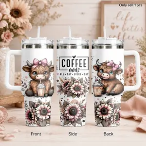 GuLuBoo Floral Highland Cow Design Vacuum Flasks 40oz Stainless Steel Insulated Tumbler, Leak-proof Travel Mug with Straw, Portable Water Bottle for Coffee, Gym & Office, Creative Drinkware Cups Ideal Gift for Animal Lovers