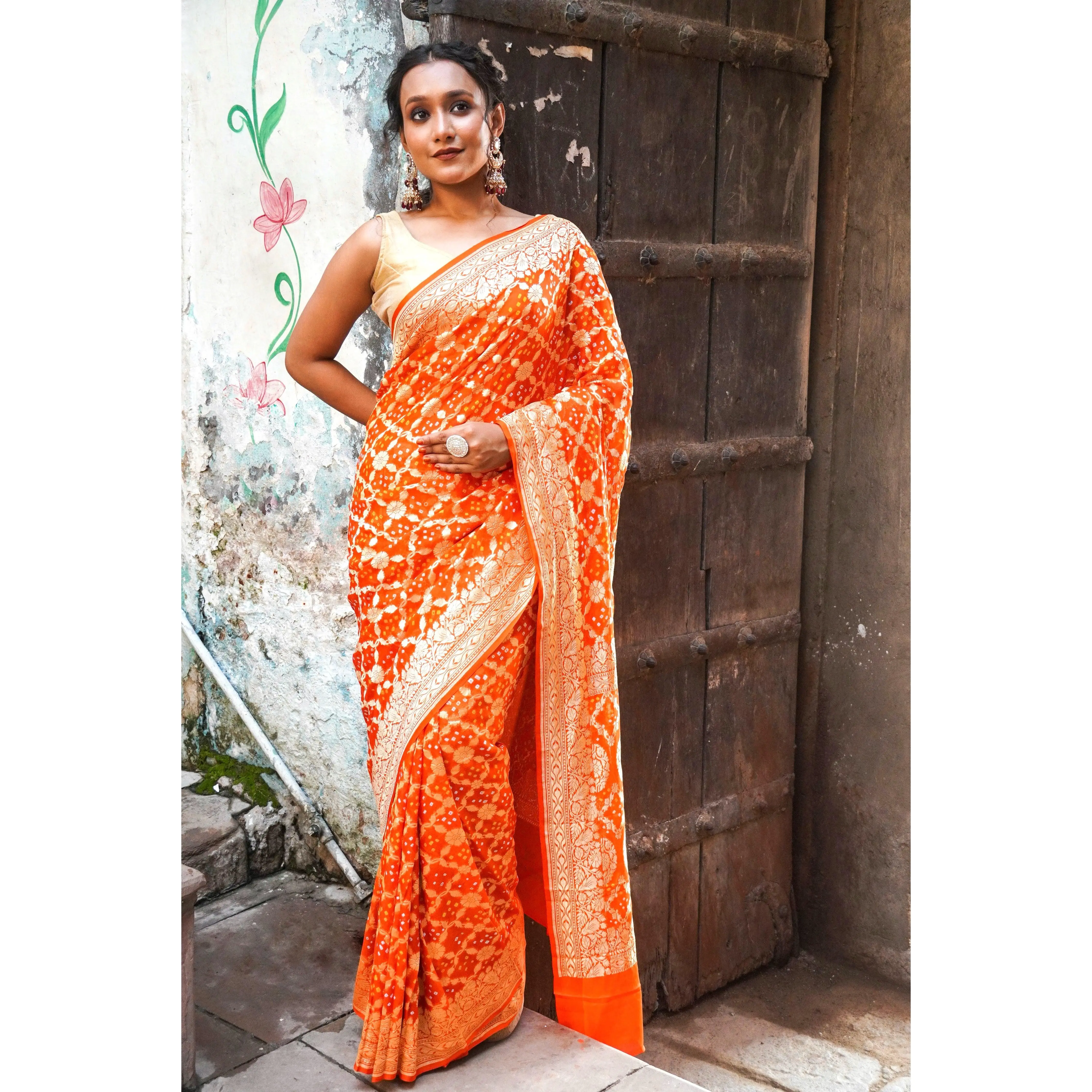 Hand Bandhej  Handloom Banarasi Saree in Pure Khaddi Georgette - see colors