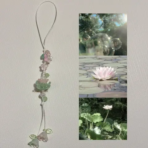 [NEW] Handmade Fabric String Phone Strap with Glass Garden Charms (Lotus, Rose)
