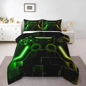 Gaming Bedding Sets,Yellow Green Gamer Comforter Sets,Cool Video Game Black Quilt Bedding Set,Geometric Checkered Down Comforter