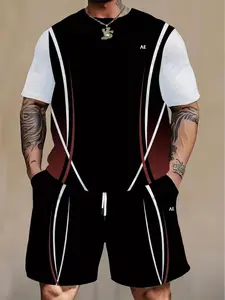 Men's Fashion 3D Print Plus Size Set, Short Sleeve Casual Sports Round Neck T-Shirt, Loose Fit Knit Fabric, All Seasons