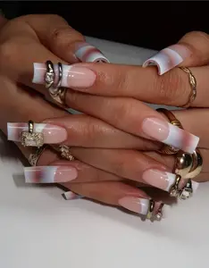 Luxury Jewelry Nail Ring Press On Nails | Grunge Red Ombre French Tip | Long Square Fake Nails | 3D Gemstone Nail Art | Nail Bracelet