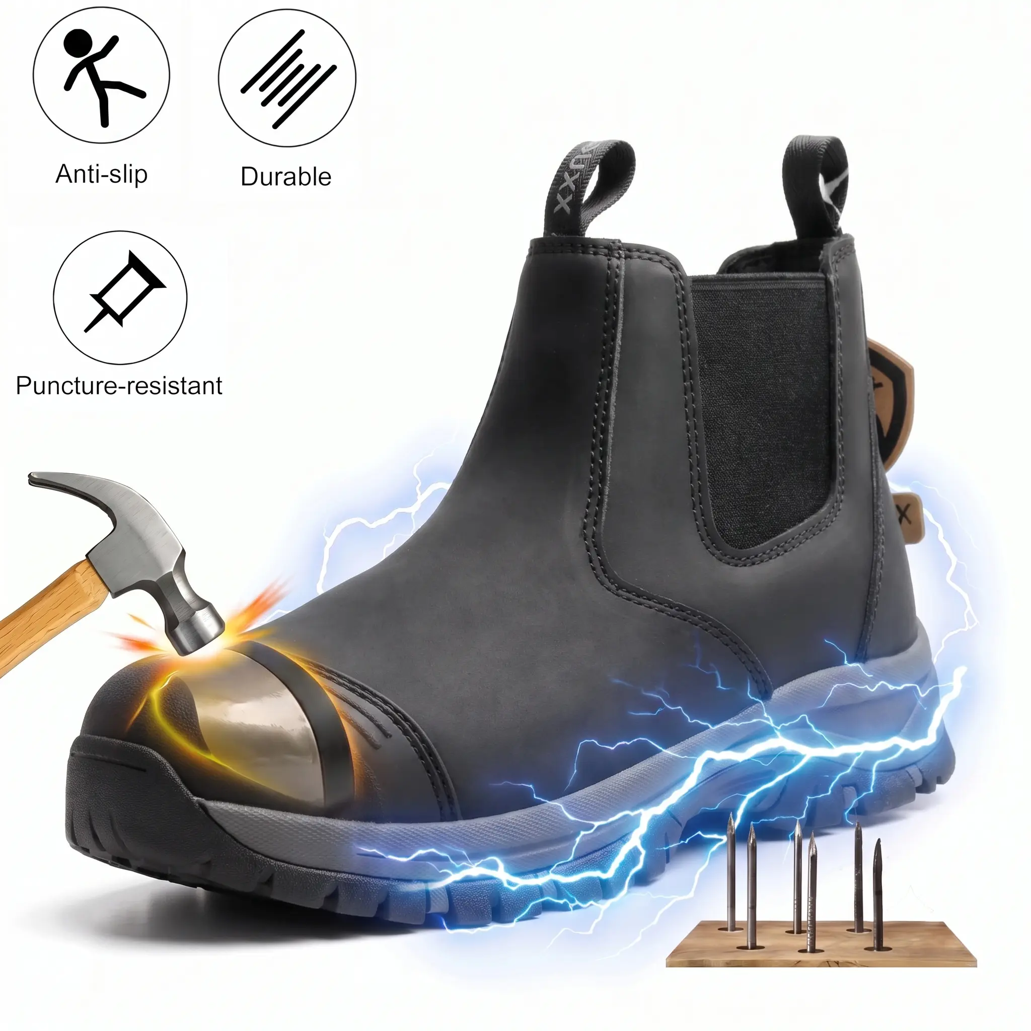 Steel Toe Chelsea Work Boots for Men, ASTM F2413-18 Certified Safety Boots, Waterproof Leather Slip-On Construction Boots, Puncture-Proof Kevlar Midsole, EH Rated Oil & Slip Resistant Sole Mens Work Boots Steel Toe Safety Shoes High Top Non Slip Lightweig