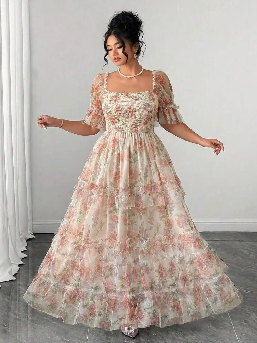 🌸 Plus Size Pink Floral Mesh Dress, Elegant Knitted Sundress For Weddings, Tea Parties, Easter And Spring Break.