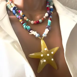 Chunky Starfish Pendant Necklace, Chunky Charm Necklace, Gemstone Beaded Necklace,  Resin Starfish Pendant Necklace, Turquoise Neclace, Opal Necklace