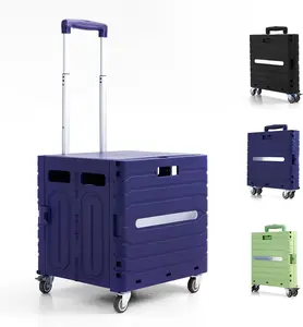 Folding Utility Cart Portable Rolling Crate Handcart Foldable Shopping Trolley Collapsible, with Lid, on Wheels, for Grocery, Garden, Office, Storage, Teacher, Tool (Purple)
