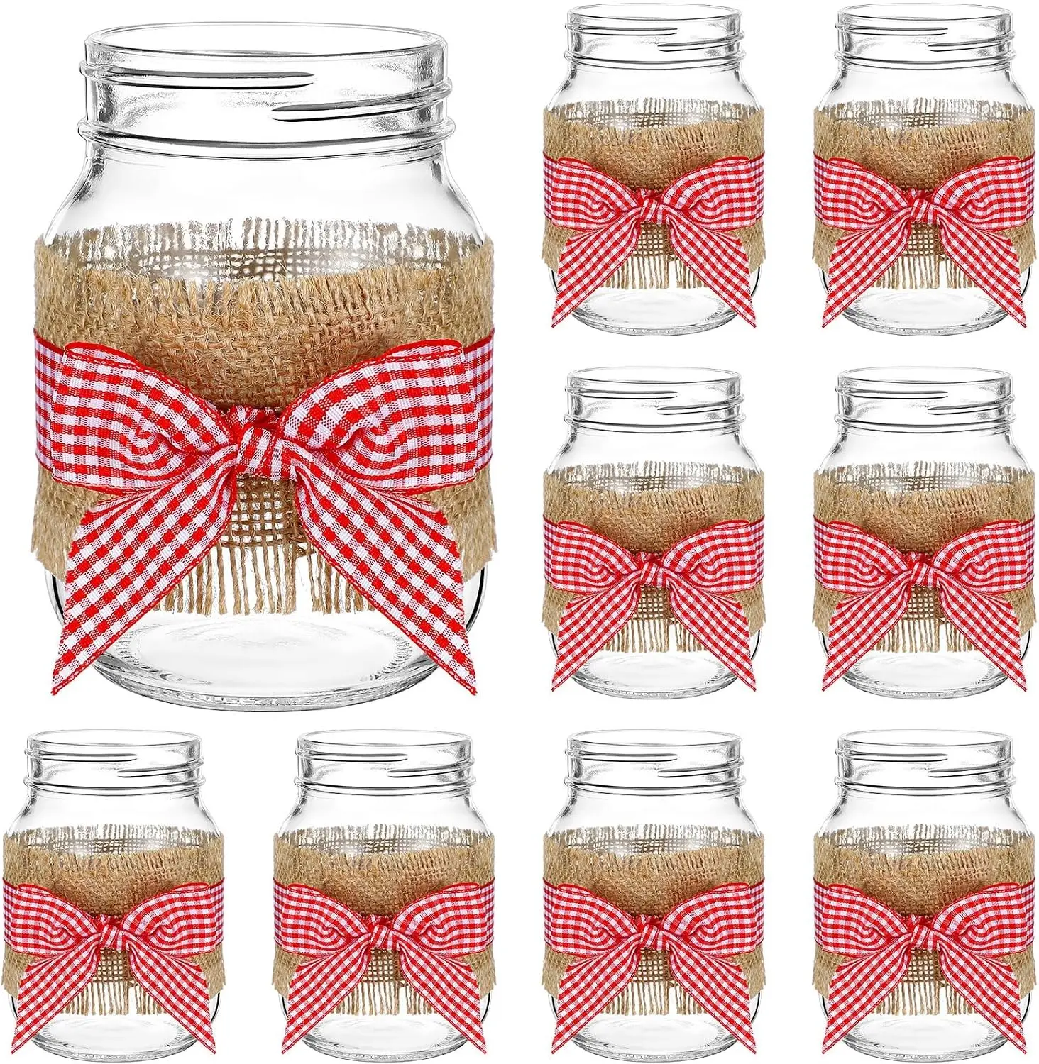 9 Sets 12 Pcs Picnic Party Centerpieces for Table Mason Jar Table Centerpieces with Red and White Gingham Ribbon Burlap for Picnic Pizza Farmhouse Wedding Birthday Party BBQ Baby Shower Decor