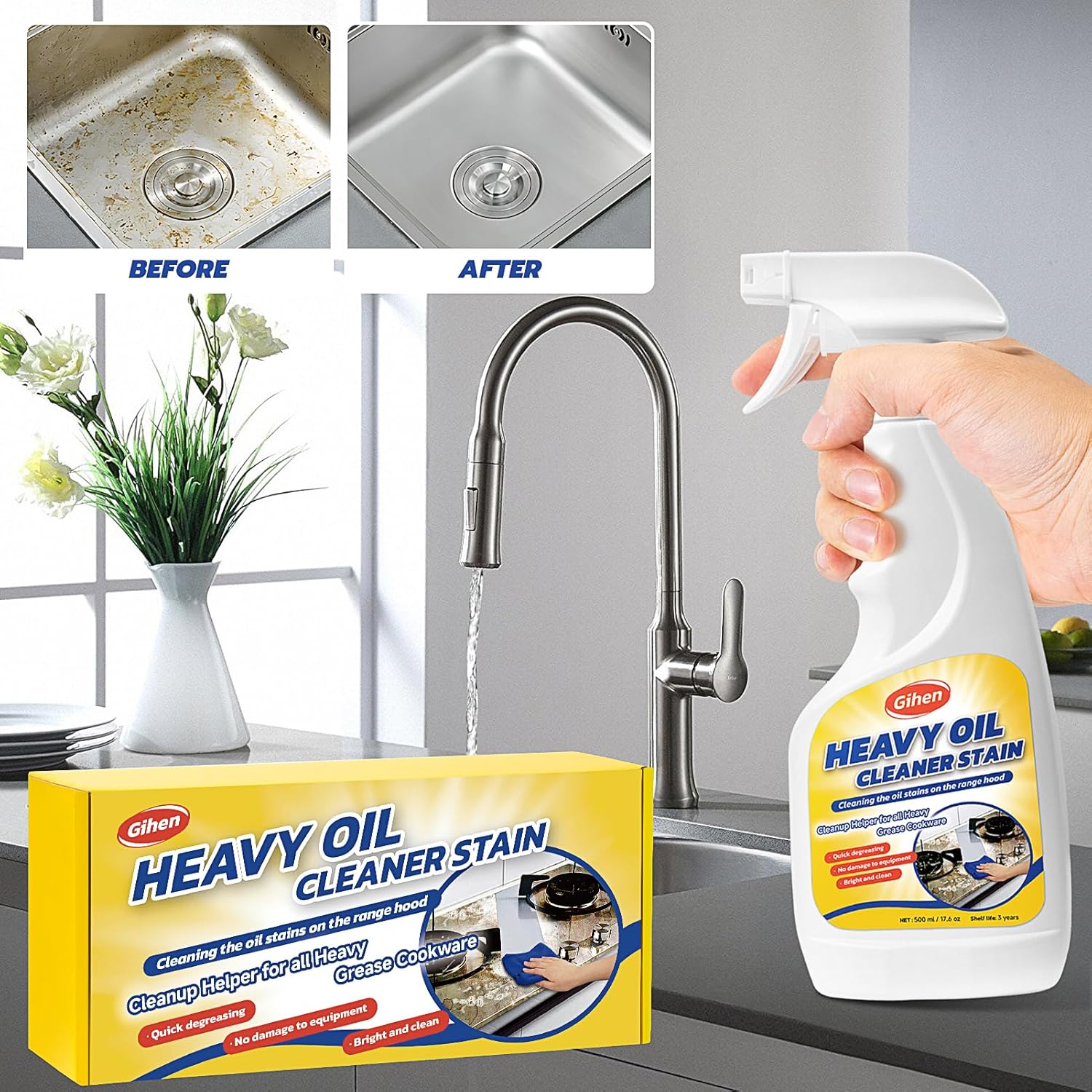 Multi-Purpose Cleaner 17.6 oz, Includes Spray Bottle & Towel for Cleaning Kitchen, Oven, Stove, Range Hood, Sink