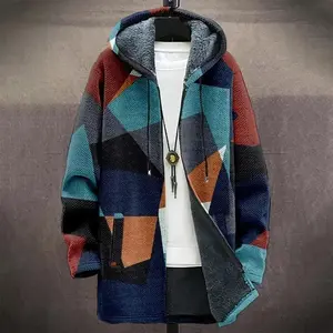 Men’s mid-length trench coat with digital print hat and cardigan