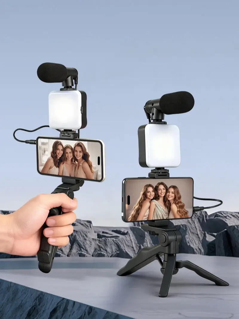 Mobile Vlog Kit, including mini LED video light, microphone, phone clip, and tripod - a portable device suitable for video creation, short video shooting, video calls, live streaming, and content creation.