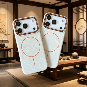 2 Pack MagSafe Compatible White Leather Texture Phone Case for iPhone 16/17 Pro Max, Shockproof Case with Orange Accent Line & Large Camera Protector, Anti-Fingerprint Slim Protective Cover, Minimalist Aesthetic Case for Women Men
