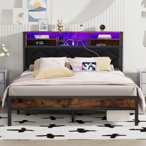 VECELO Queen Bed Frame Metal Platform Bed Queen Size with 2 Tiers Storage and LED Light Headboard, Type C Charging Station, No Box Spring Required