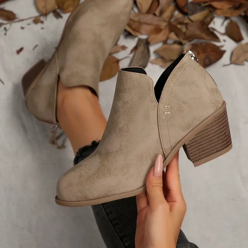 Women's Fall Winter Ankle Boots, Low Heeled Boots, Elegant Pointed Toe Short Booties with Zipper & Fringe Decor, Perfect for Daily Wear