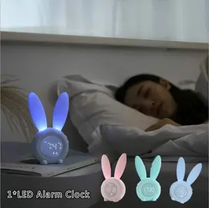 Cartoon LED Digital Alarm Clock Electronic LED Display Sound Control Rabbit Night Lamp Desk Rechargeable Clock