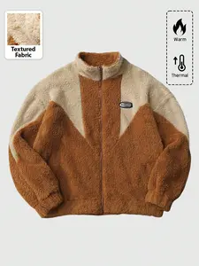 Thickened Warm Color Block Sherpa Jacket - Cozy Heavyweight Zip-up with Contrast V-Panel and High Neck | Oversized Street Style Casual Fleece Top for Outdoor/Daily Unisex | Best Seller Ultra Soft Easy To Style Winter Essential Cold Weather Coats