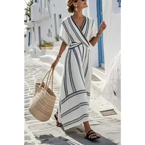 Striped Wrap Half Sleeve Maxi Dress