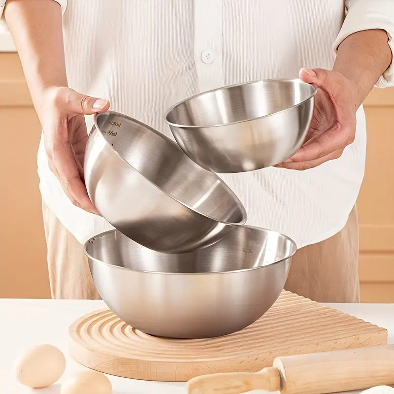 3-Piece Durable Stainless Steel Mixing Bowls Set, Metal Mixing Bowls, & Food-Safe Kitchenware for Cooking, Baking, Serving, Ideal for Holidays & Daily Use