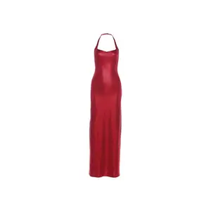 Women's Red Halter-Neck Sleeveless Backless Bodycon Maxi Dress - Slim-Fit Waist-Hugging Lady Clothes for Formal Evening Party, Cocktail Gown