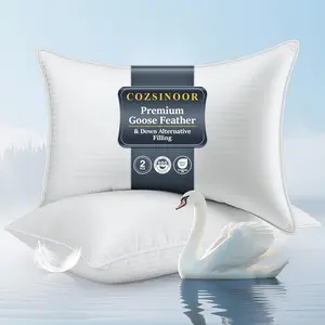 Goose Feather Pillows Queen Size Set of 2 - Hotel Down Bed Pillow for Sleeping, Soft 600 TC Cotton Cover, Surround Fill Down Alternative for Back, Stomach, Side Sleepers