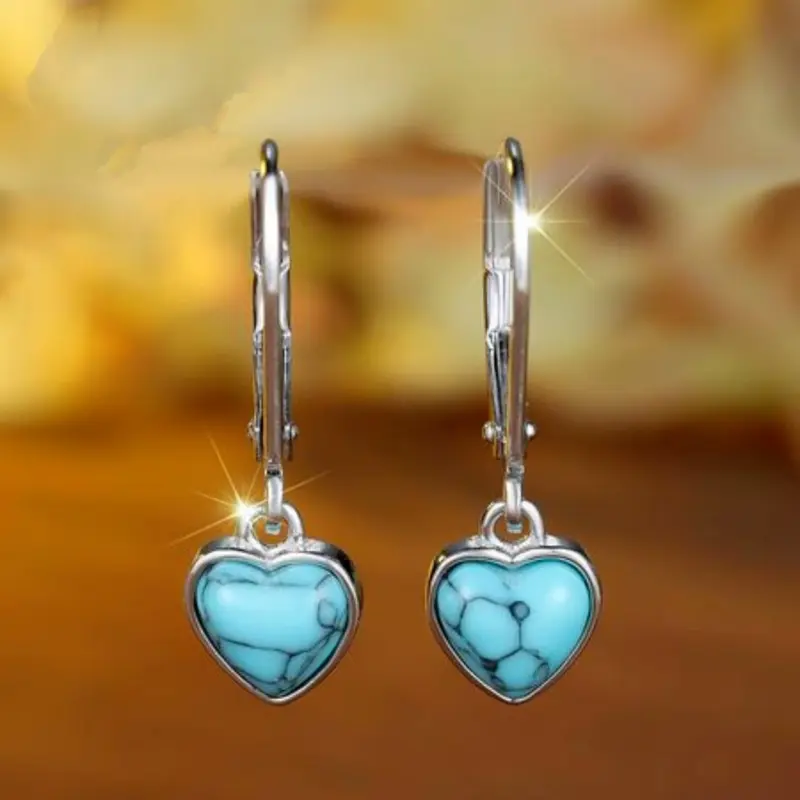 Silver Heart Turquoise Stud Earrings, Elegant Geometric Design, Perfect Birthday Gift, All-Season Fashion Jewelry for Women