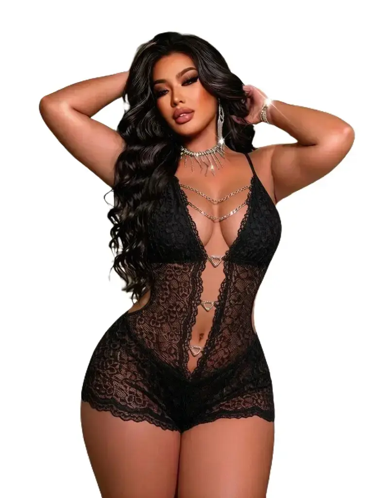 Women's Curvy Plus Size Black Sheer Lace Cutout Bodysuit - Deep V Spaghetti Strap, Backless Mesh, Sparkly Heart Metal Chain, Scalloped Floral Lace, Bodycon Slim Fit - Thanksgiving, Valentine's Day, Easter, Chinese New Year Lingerie, Curvy Women Plus Size,