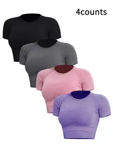 Women's Workout Crop Top Short Sleeve Seamless Sport Shirt Yoga Fitness Tight Fit T-Shirt Gym Short Tank Tops Breathable Athletic Top Activewear Tee, Cropped Activewear 4 Piece Set