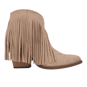 Dingo Womens Tangles Fringe Embroidered Pointed Toe Pull On  Dress Boots Ankle High Heel 3" & Up - Beige