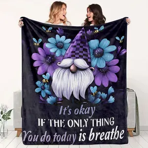 Cozy Healing Purple Plaid Gnome Flower Bee Pattern Flannel Blanket 270G Thick Warm Soft Comfortable Bedroom Living Room Sofa Throw Blanket Encouraging Quote It's okay Home Decor Blanket