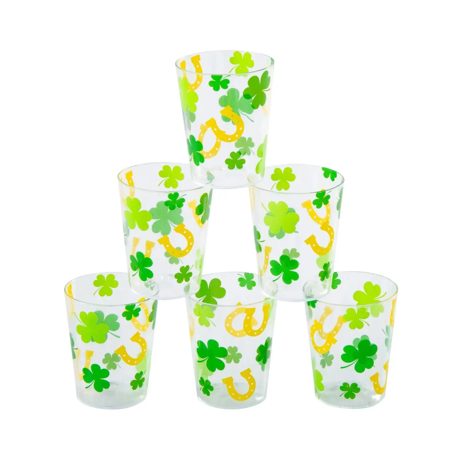 Irish Disposable BPA-Free Plastic Shot Glasses - St. Patrick’s Day Shamrocks & Horseshoes Design, 24 Ct.