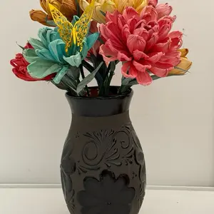 Mexican Pottery 9" Black Flower Vase Talavera Design with Embossed Floral Pattern for Home Decor