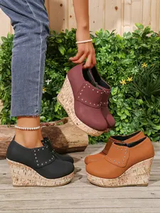 Women's Multifunctional Thick Sole Rubber Wedge Loafers, Solid Texture Woven Heel, Comfortable Casual Shoes for Daily Wear